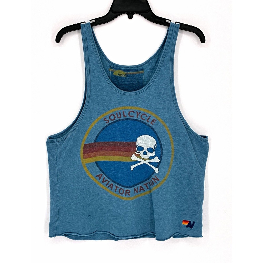 Aviator Nation x SoulCycle Women's Blue Graphic Skull Logo Tank Top Scoop Neck M